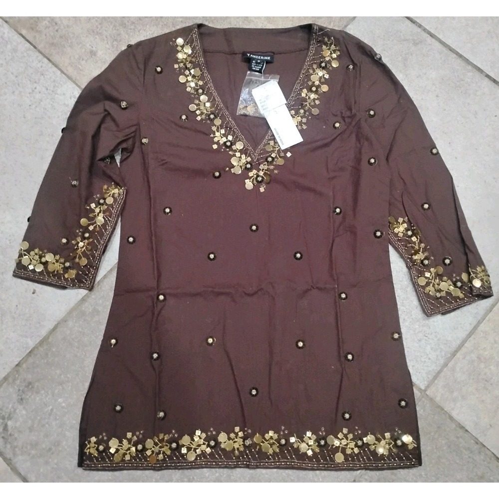 Women's New With Tags Tanzerine Small Cotton Blouse Brown With Gold...